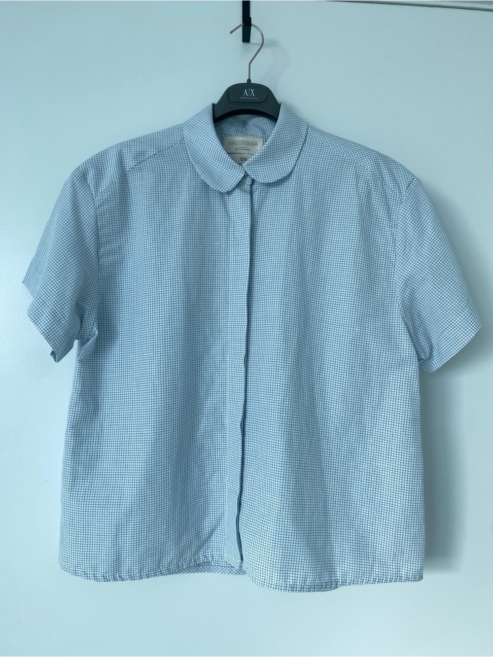 Masterskaya Light Blue and Navy Checked Short Sleeve Button-Up Top